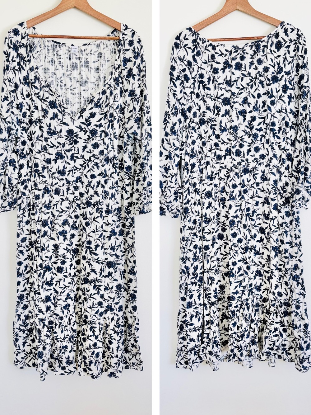 Old Navy Long-Sleeve Boho Maxi Dress in White & Navy Blue Floral Print